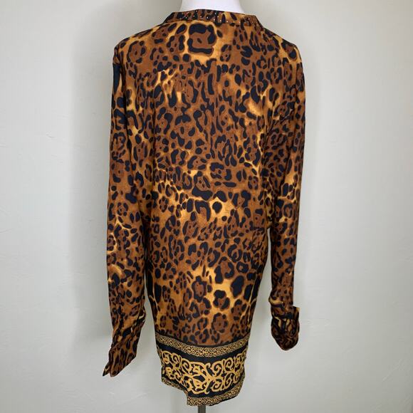 Leopard Cheetah Blouse Sz XL Stud Trim Collar - Picture 2 of 12